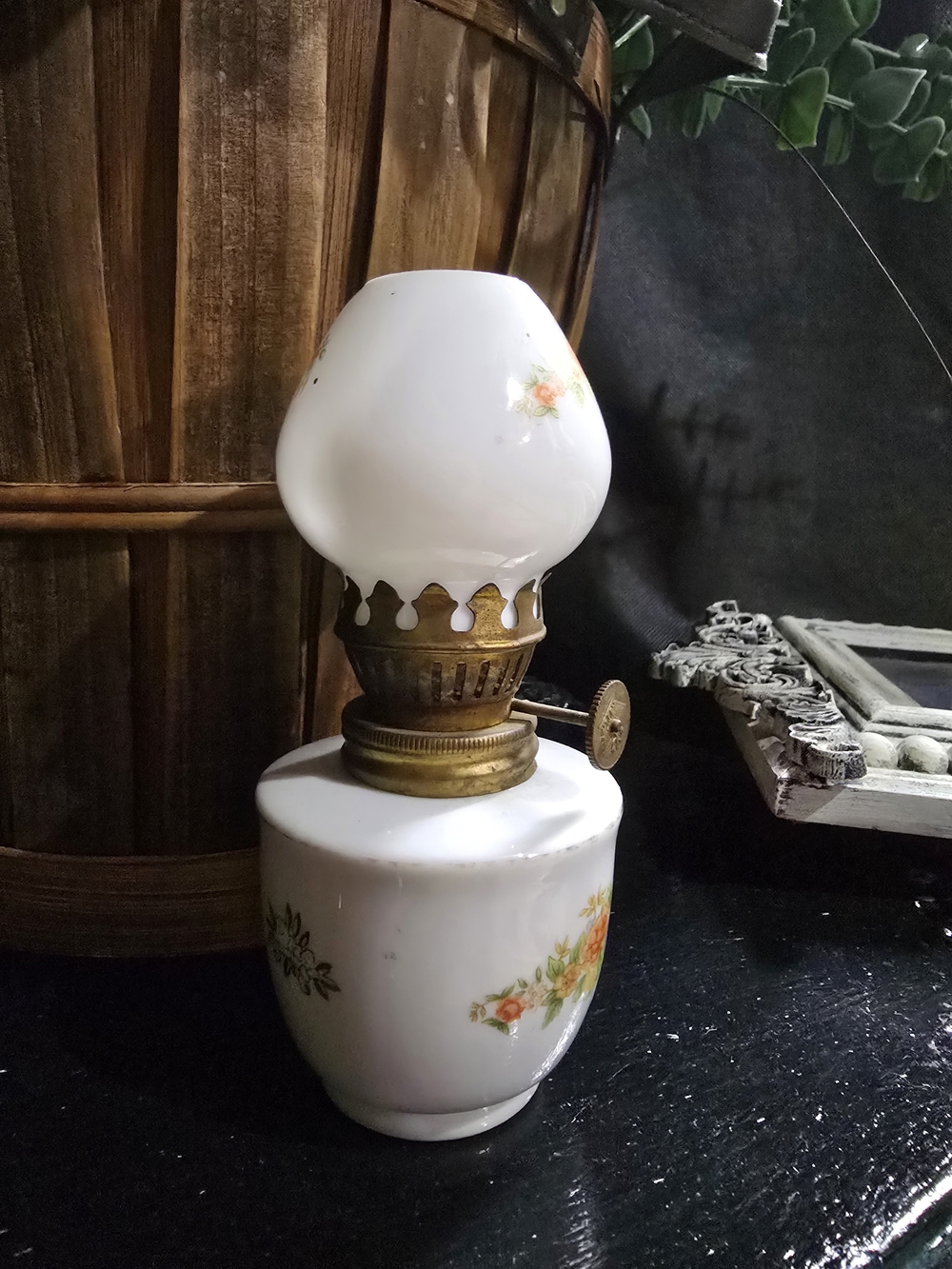 Vintage White Milk Glass Lantern with Orange and Green Floral Motif
